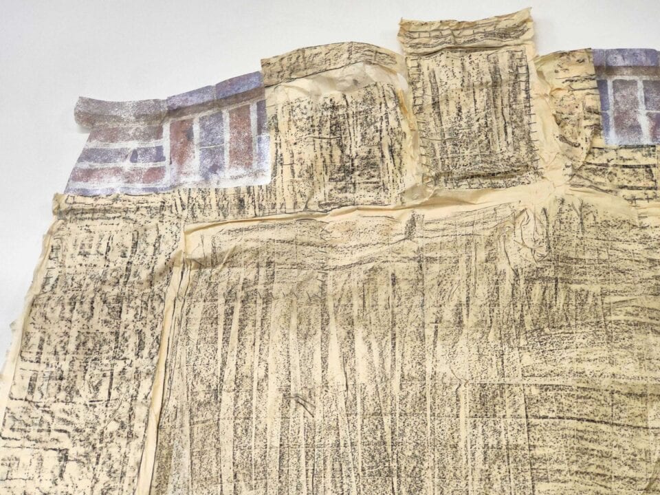 faire peau neuve i, détail i, papier adhésif, papier lavis, transfert photographique, solvant et pastel, 2m89 x 1m50